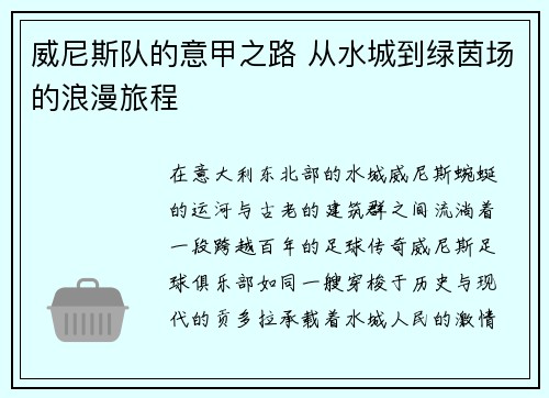 威尼斯队的意甲之路 从水城到绿茵场的浪漫旅程