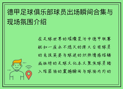 德甲足球俱乐部球员出场瞬间合集与现场氛围介绍